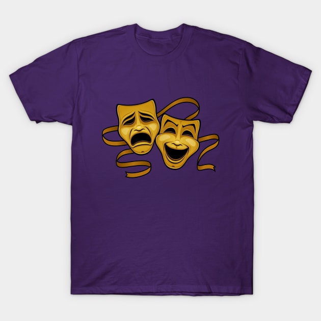 Gold Comedy And Tragedy Theater Masks T-Shirt by fizzgig